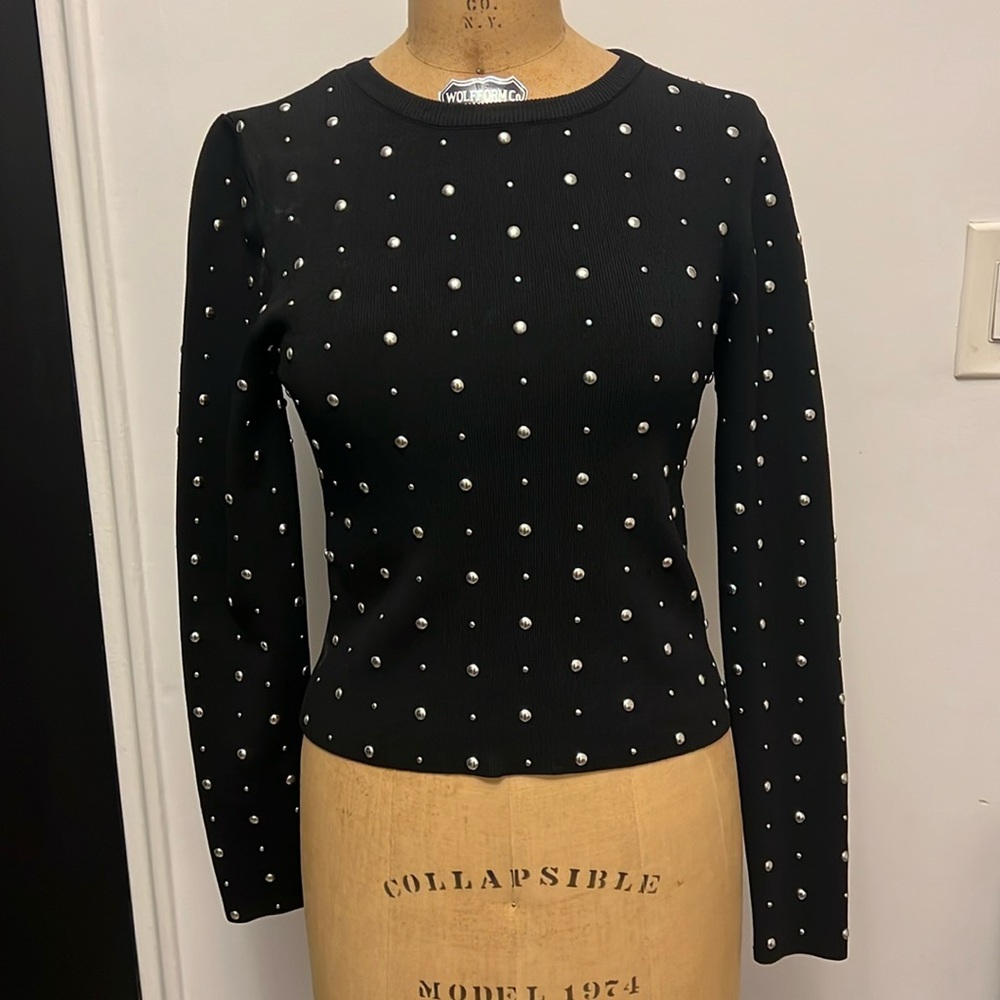 Zara Black Ribbed Studded Long Sleeve Crop Top M Holiday top